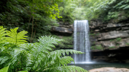 Lush ferns frame serene waterfall cascading into tranquil pool, creating peaceful atmosphere