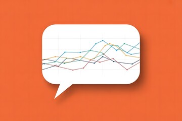 Speech bubble with colorful line graph showing market trends and data analysis on orange background