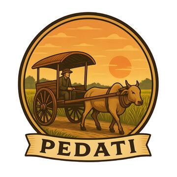 Vintage Pedati Ox Cart Vector Logo with Village Road and Rice Field &ndash; Transparent PNG