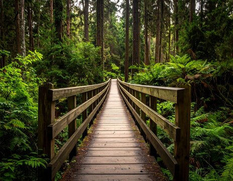 A wooden bridge extends through a verdant forest with tall trees and lush foliage, inviting a walk into nature's embrace