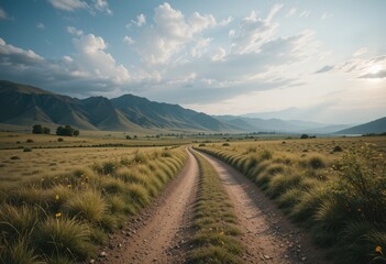 Naklejka premium Close up Scenic dirt road through a grassy landscape