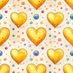 A repeating pattern of golden hearts and colorful dots on a light background