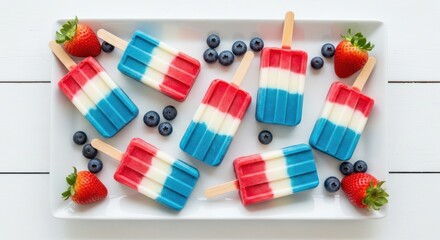 Festive red, white, and blue popsicles arranged on a white platter with fresh strawberries and blueberries