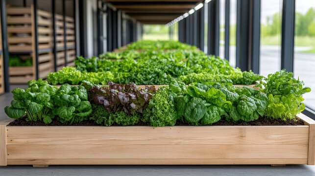 Lush green lettuce varieties thrive modern urban agriculture station, showcasing sustainable
