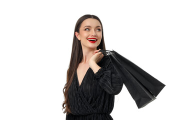 Happy woman with bags after Black Friday shopping, isolated, PNG