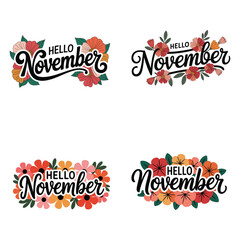 "Hello November Floral Lettering Vector – Autumn Season Hand Lettering with Colorful Flowers for Greeting Cards, Posters, and Seasonal Design"