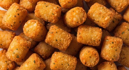 A pile of golden brown crispy potato tots seasoned with herbs and spices, a delicious snack or side dish