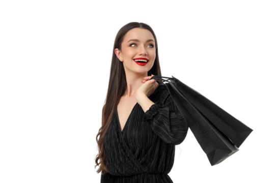 Happy woman with bags after Black Friday shopping, isolated, PNG