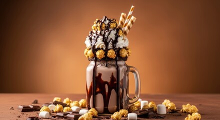 A decadent chocolate milkshake loaded with whipped cream, chocolate syrup, popcorn, and wafer cookies, served in a mason jar with surrounding treats