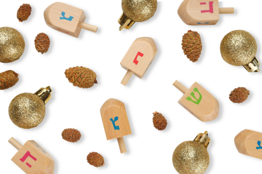 Dreidels scatter among gold ornaments and pinecones, isolated, PNG
