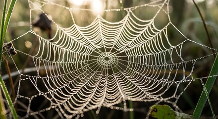 Dew-Kissed Spiderweb - A Morning Marvel of Natures Engineering.