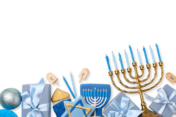 Hanukkah items including a gold menorah and blue gifts, isolated, PNG