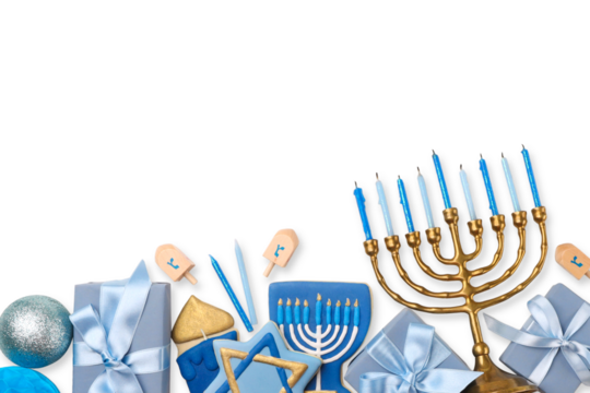 Hanukkah items including a gold menorah and blue gifts, isolated, PNG