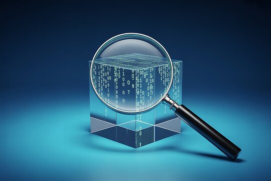Magnifying Glass Over a Transparent Cube Filled with Binary Code on a Blue Gradient Background lens
