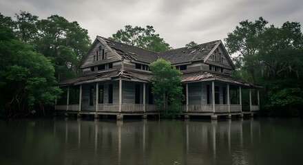 Obraz premium Dilapidated House on Water - A Haunting Scene of Decay and Abandonment.