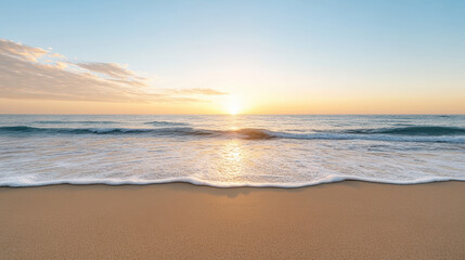 Obraz premium Sunrise over calm ocean waves, golden sand reflecting warm light, creating serene atmosphere