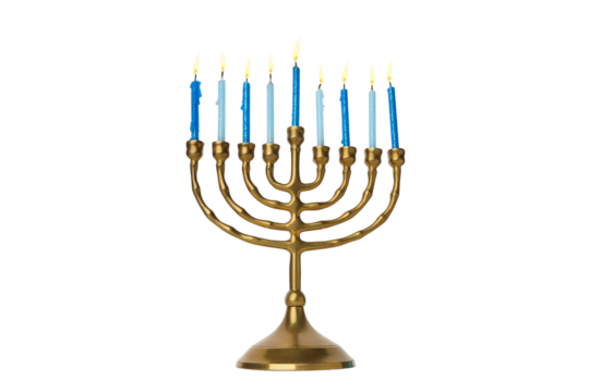 Gold Menorah holding nine blue candles for Hanukkah, isolated, PNG - Powered by Adobe