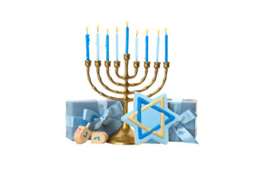 Blue candle menorah with gifts and cookies, isolated, PNG