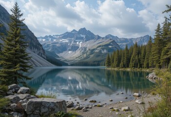 Close up Serene mountain lake surrounded by pines