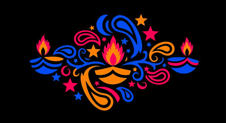Vibrant Diwali diya and paisley decorative border design.