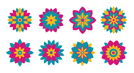 Set of eight vibrant geometric floral mandalas with stylized petal patterns in pink teal and yellow.