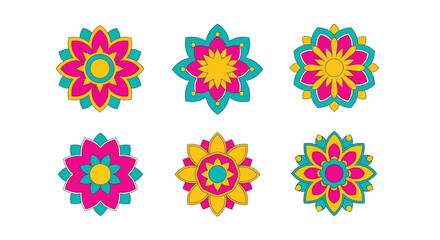 Set of six vibrant stylized mandala flowers with geometric patterns in pink yellow and teal.