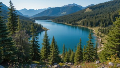 Close up Serene mountain lake surrounded by pines