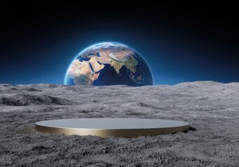Earth view from moon surface with podium, space exploration, lunar landscape, cosmic scene