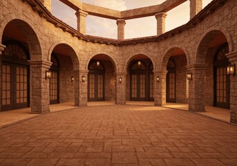 Obraz premium Grand stone courtyard with arched walkways and warm lighting, Tuscan architecture inspired space