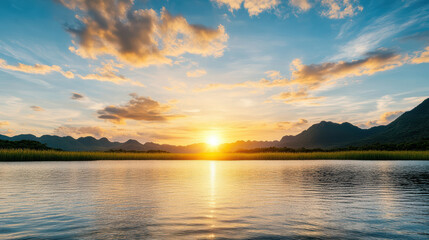 Tranquil sunset over serene lake with mountains reflecting water, creating peaceful atmosphere