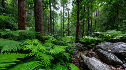 Obraz premium Forest path is so calming with lush ferns and trees. It evokes feeling of peace and tranquility, perfect for nature escape
