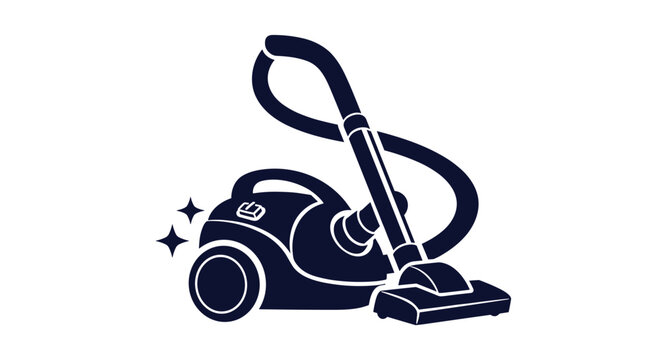 A dark blue vector icon of a modern canister vacuum cleaner with a hose and floor attachment, symbolizing cleanliness and efficient household chores.