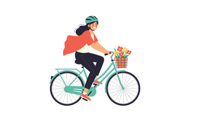 Fototapeta premium Smiling young woman wearing a helmet and a red jacket happily rides a light blue bicycle with a front basket full of vibrant flowers.