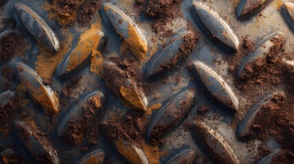 Close-up of a dirty industrial diamond plate metal surface covered in brown mud and yellow grime, showcasing a weathered and heavy-duty texture