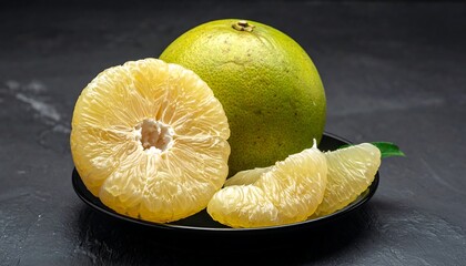 Citrus fruit still life whole fruit, segments, and rind on black plate