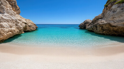 Fototapeta premium Tranquil sandy cove with clear turquoise water and rocky cliffs under bright blue sky