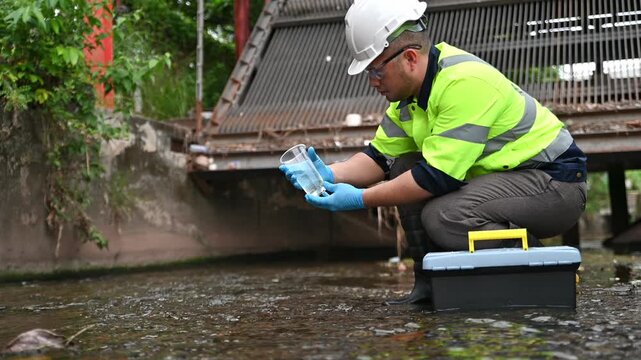 An environmental expert is collecting water samples from a stream to test its pH and monitor its ecosystem in a science lab.