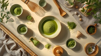 A serene top-down view of a traditional matcha green tea ceremony set with vibrant powder, bamboo whisk, and bowls
