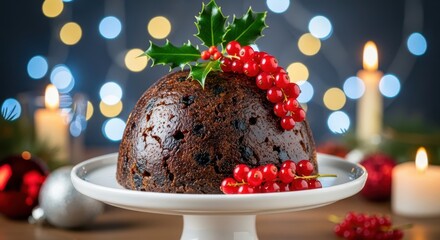 Traditional christmas pudding decorated with holly and red currants, served on a cake stand with festive bokeh lights and candles