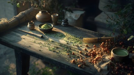 Herbalist preparing natural remedies, scattering dried herbs and berries on a rustic wooden table, surrounded by earthenware jars and tools