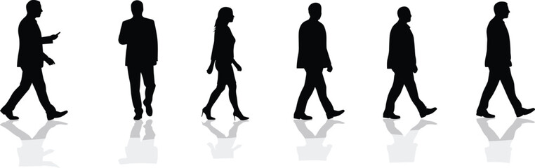 Black silhouettes of people walking with reflections on white background woman