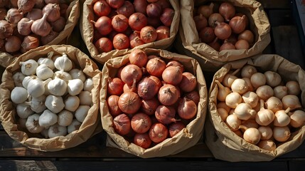 A colorful assortment of various types of fresh onions, including red, white, and pearl, displayed in rustic paper bags at a market