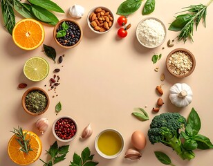 A flat lay of healthy food ingredients like fruits, vegetables, nuts, and spices on a tan background with copy space.
