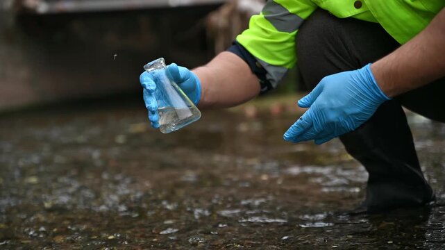 An environmental expert is collecting water samples from a stream to test its pH and monitor its ecosystem in a science lab.