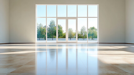 Obraz premium Bright, spacious interior with large windows showcasing trees outside, creating serene