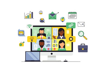Fototapeta premium Virtual Collaboration: Illustrative depiction of a modern business meeting via video conference, emphasizing remote teamwork and digital communication.
