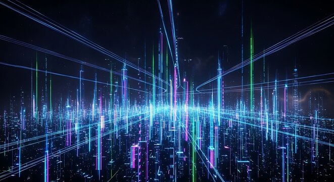 Futuristic Digital Cityscape with Glowing Neon Light Beams and Abstract Data Flow.