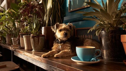 A dog is laying on a table next to a cup of coffee. Close-up of small pet-friendly café nook with plants, coffee cup, and relaxed dog, warm editorial lighting, pet friendly cafe design