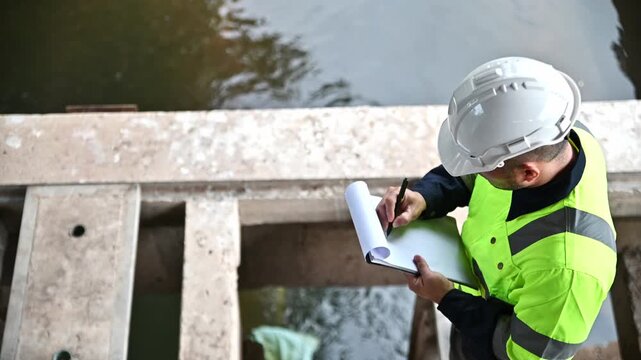 A professional engineer is inspecting water passing through a large water filter to detect any abnormalities in the filter.