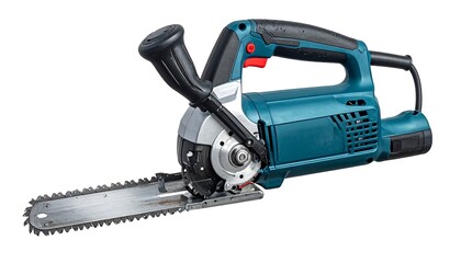 A close-up, isolated image showcases a teal and black electric tool, with a circular saw blade. The tool features a large handle and blade